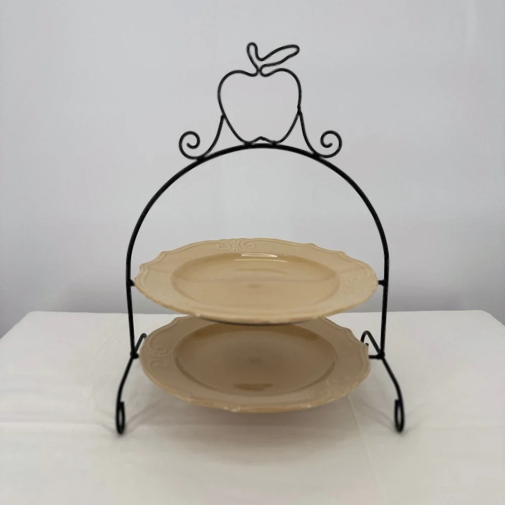 2‎ Tier Serving Stand with Apple Motif and Scalloped Tan Ceramic Plates